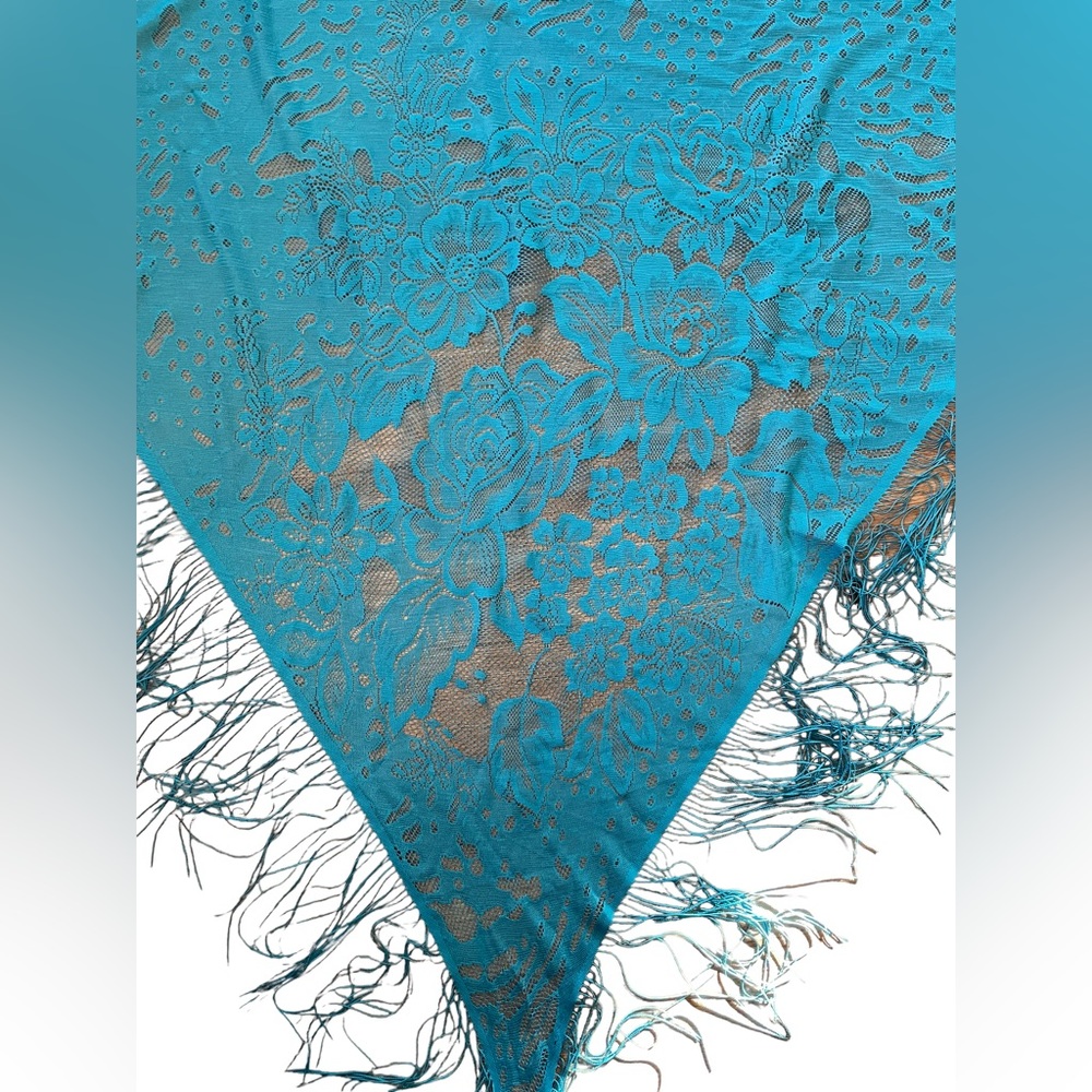 Boho Witch Hippie Ethereal Romantic Blue Sheer Floral Fringe Bandana Lace Shawl - Picture 6 of 8